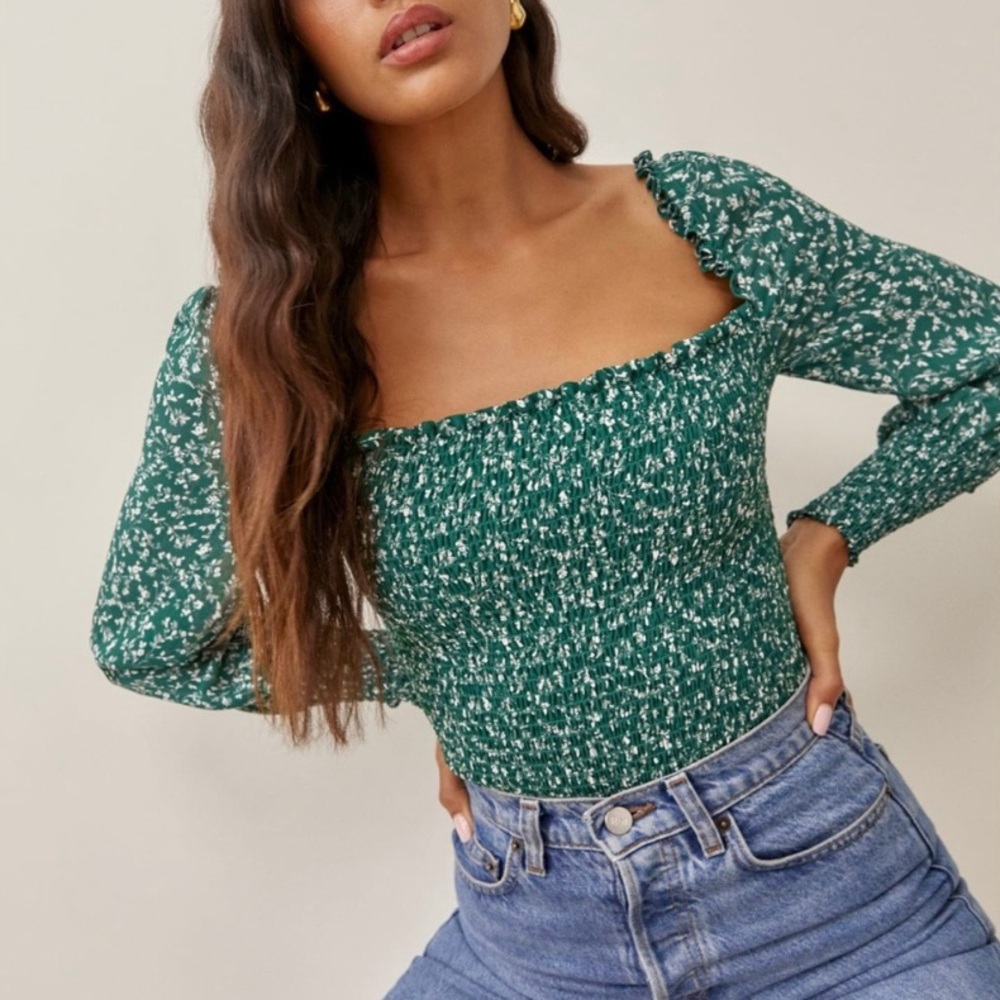 Reformation Green Floral Smocked Square-Neck Blouse